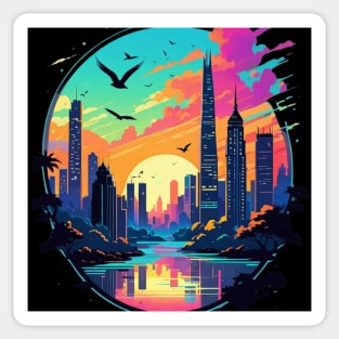 city skyline with vibrant sunset background Sticker